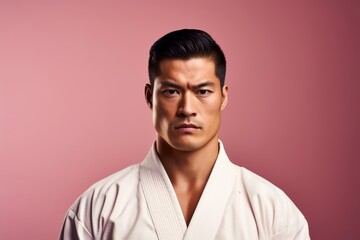 Obraz premium Portrait of a male karateka, confidently posing in his gi against a soft pink background, showcasing his Japanese martial arts heritage