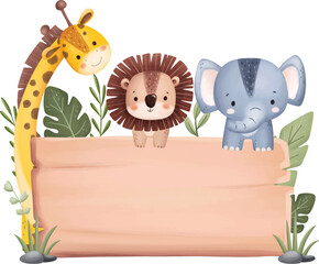 Watercolor Illustration Cute Safari Animals and Wooden Board - obrazy, fototapety, plakaty