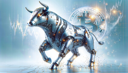 Bitcoin coin with silver robot bull and stock chart isolated on white. Bullish market of BTC