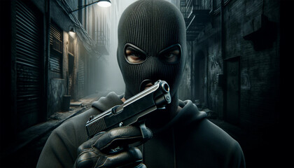 A masked bandit in a dark alley with a gun in his hand, ready for confrontation. The mask is dark and ominous, revealing only his intense, focused eyes.