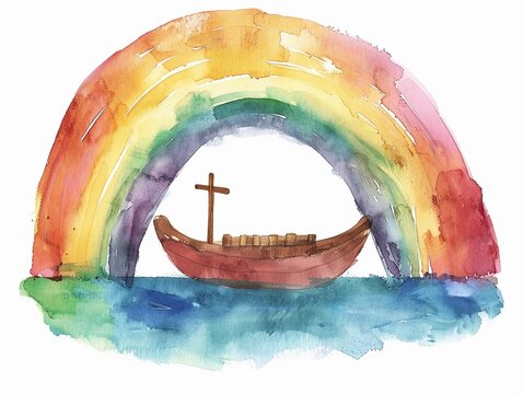 A vibrant watercolor rainbow arching over a simple representation of Noahs Ark