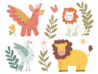 Naklejka premium Simple joyful illustrations of biblical animals like doves