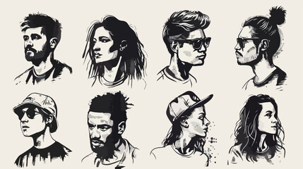 Sketch grunge males and females people portraits flat