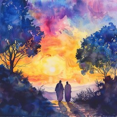 Watercolor illustration of the road to Emmaus