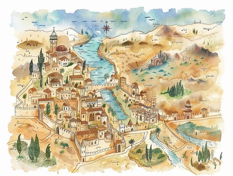 Soft watercolor map of the Holy Land dotted with key biblical locations