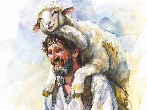 Watercolor rendition of the parable of the lost sheep with a single