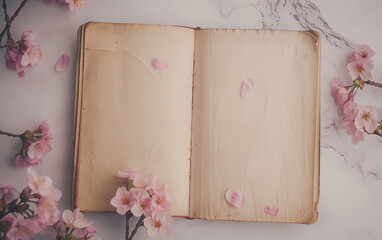 Pink sakura cherry blossoms laying next to an open vintage notebook with copy space. 