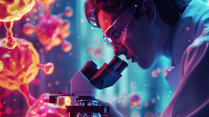 Biology: A 3D vector illustration of a scientist using a microscope to study the cellular structure of an organism - obrazy, fototapety, plakaty