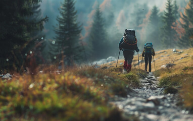 Obraz premium Group of hikers trekking through nature, captured from behind - outdoor adventure, scenic trail, group activity.