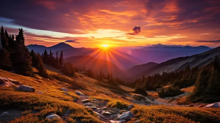 Fotobehang Donkerrood Amazing mountain landscape with colorful vivid sunset. Sunset in summer mountains