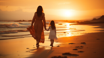 Mother walking with her child along a beach park at sunset