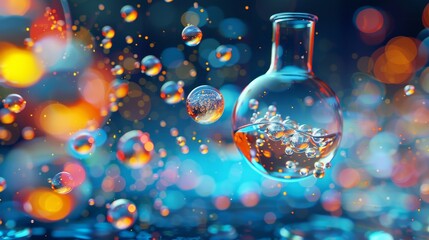 Chemistry: A 3D vector illustration of a bubbling chemical reaction in a glass flask - obrazy, fototapety, plakaty
