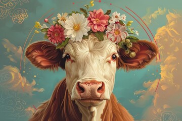 The cow with flowers on its head, wreath of flowers on the muzzle - obrazy, fototapety, plakaty