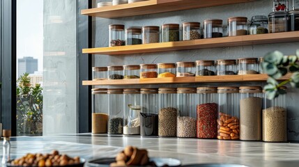 Modern kitchen pantry with neatly labeled glass containers of dry food ingredients
