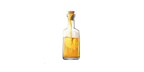 
Yellow beer bottle with yellow liquid, cut in half and suspended in the air on white background