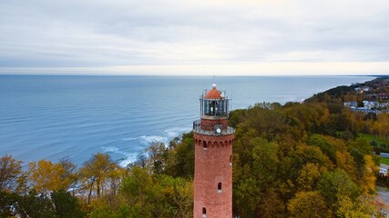 Captured by drone on a cloudy November day, the Gąski lighthouse. © Grzegorz