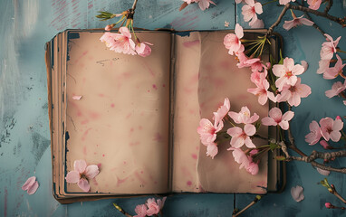 Pink sakura cherry blossoms laying next to an open vintage notebook with copy space. 