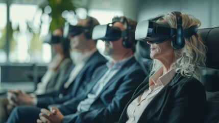 A group of professionals in a modern office setting immersed in a virtual reality simulation, each wearing VR headsets, showcasing the intersection of business and cutting-edge technology. - Powered by Adobe