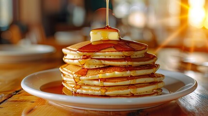 A stack of fluffy pancakes topped with a pat of melting butter and a drizzle of maple syrup