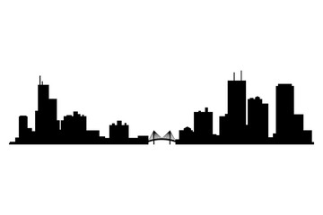 Naklejka premium Cityscape silhouette. City building, night town and horizontal urban panorama silhouette. Modern urban landscape. Monochrome panoramic view