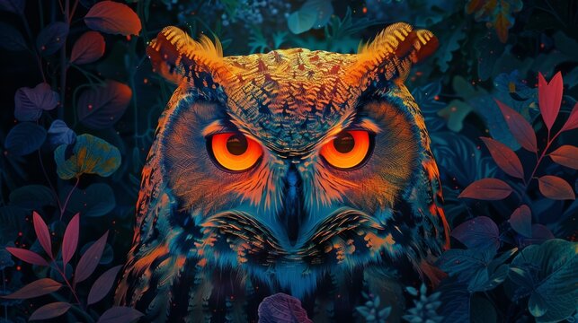 An owl's intense gaze pierces the twilight, its feathers a vibrant tapestry of colors nestled amongst the shadowy foliage, embodying the mystical spirit of the forest.