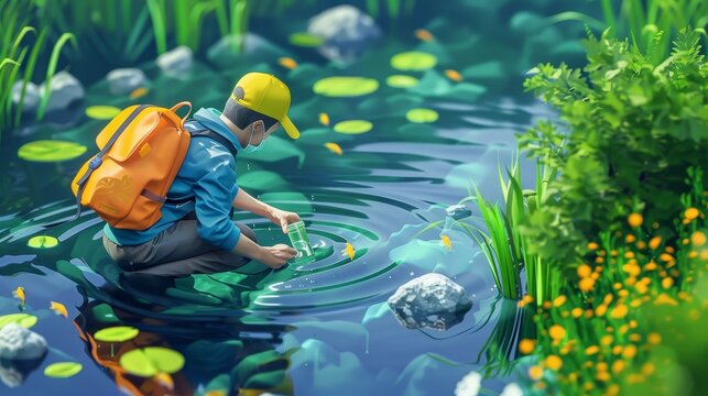 Environmental Science: A 3D Vector Illustration Of A Scientist Collecting Water Samples From A River