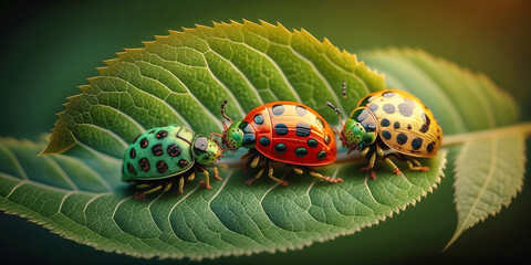 Bright ladybirds on a green plant leaf. Macro. Panoramic format. Generative AI	