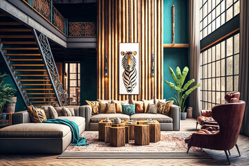 Cozy spacious luxury loft in bright colors. African style. Generative AI	