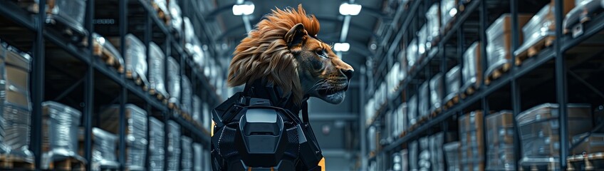 A logistics robot with a lion head, in a sleek suit, overseeing warehouse operations, realistic ,  cinematic style. - obrazy, fototapety, plakaty