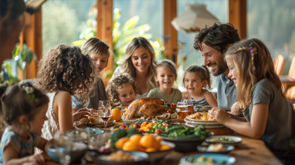 Large family enjoying food and sharing leisure around a table with tableware
