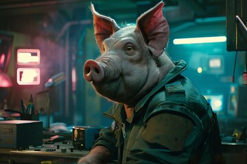 A pig technician in a smart jumpsuit maintains the police station's communication systems, inventive and reliable.