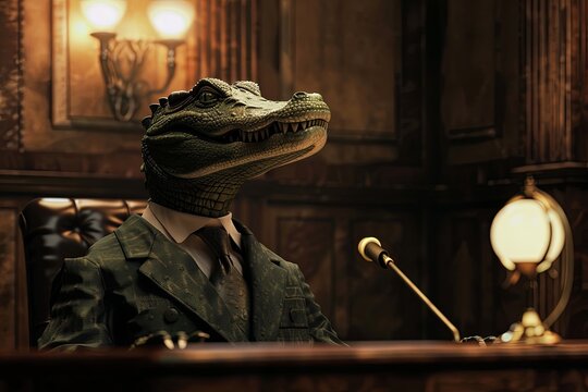 A robot alligator lawyer, in a tailored suit, presents a case in a courtroom, realistic ,  cinematic style.