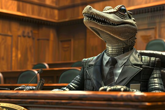 A robot alligator lawyer, in a tailored suit, presents a case in a courtroom, realistic ,  cinematic style. ,  low noise , low texture