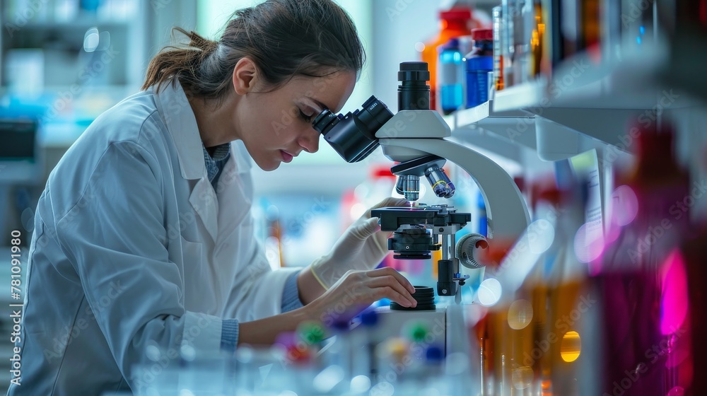 Sticker Laboratory Research: Scientists in white coats examining specimens under a microscope