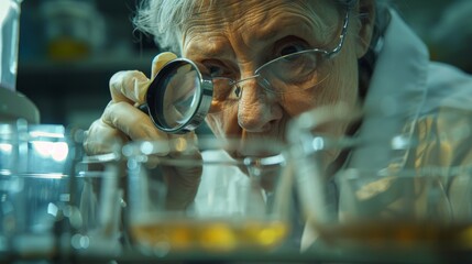 Laboratory Research: A scientist examining a petri dish with a magnifying glass - obrazy, fototapety, plakaty