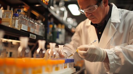 Laboratory Research: A scientist in a lab coat carefully pipetting liquids into test tubes