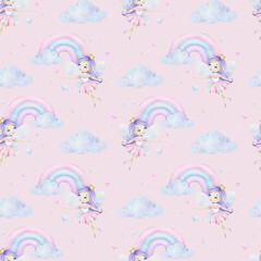 Little fairy with crown, rainbow, clouds and stars. Children's background. Watercolor baby seamless pattern for design kid's goods, postcards, baby shower and children's room © Fedulova_art