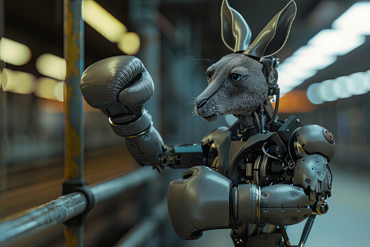 A robot with a kangaroo head, wearing boxing gloves, fights for the best trades, realistic ,  cinematic style.