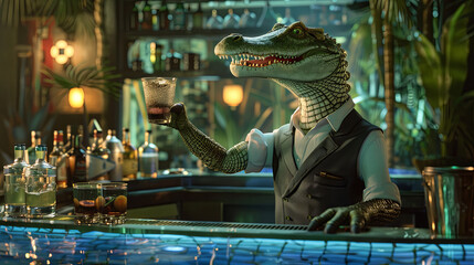 A robotic crocodile mixologist, in a slick vest, invents new cocktails at the poolside bar, realistic ,  cinematic style.