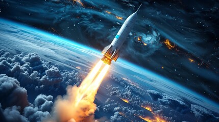 Physics: A 3D vector illustration of a rocket launching into space