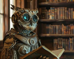 A robotic owl librarian, in scholarly glasses, curates a collection for the hotel's library
