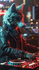 A robotic wolf DJ, in trendy club wear, sets the vibe at the hotel's rooftop party, realistic ,  cinematic style.