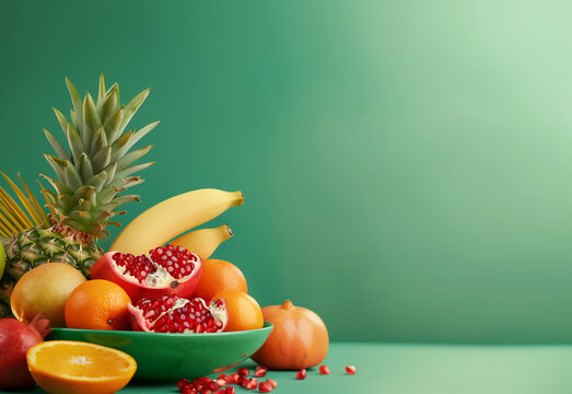 Obstschale mit verschiedenen Fr&uuml;chten auf neutralen Hintergrund. Vitamine gemischt, KI generiert