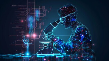 Science and Technology: A 3D vector illustration of a scientist using a microscope