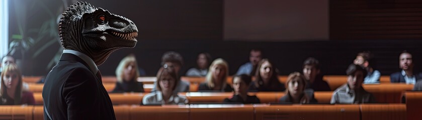 Carno in a lecture hall suit fine-tunes a presentation on app development, realistic ,  cinematic style. - obrazy, fototapety, plakaty