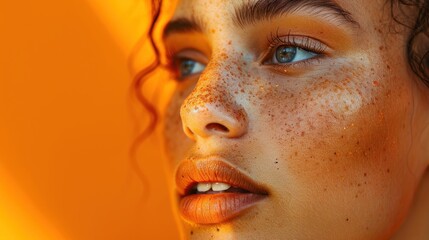 A captivating orange-toned image featuring flawless skin and significant whitespace for text.