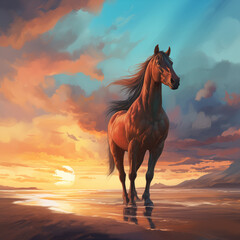 Brown horse standing on top of a sandy beach under a cloudy blue and orange sky with a sunset. - 781092577