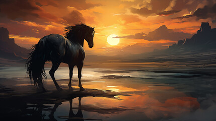 Black horse standing on top of a sandy beach under a cloudy blue and orange sky with a sunset. - 781092598