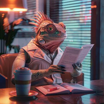 Iguano lecturer in modern wear researches AI trends during a coffee break, realistic ,  cinematic style.