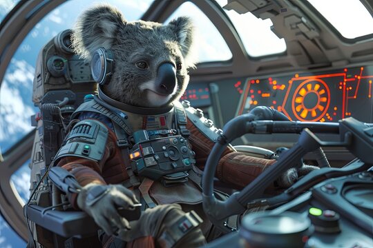 Koala droid in an explorer's outfit maps stars from a glass cockpit, realistic ,  cinematic style.